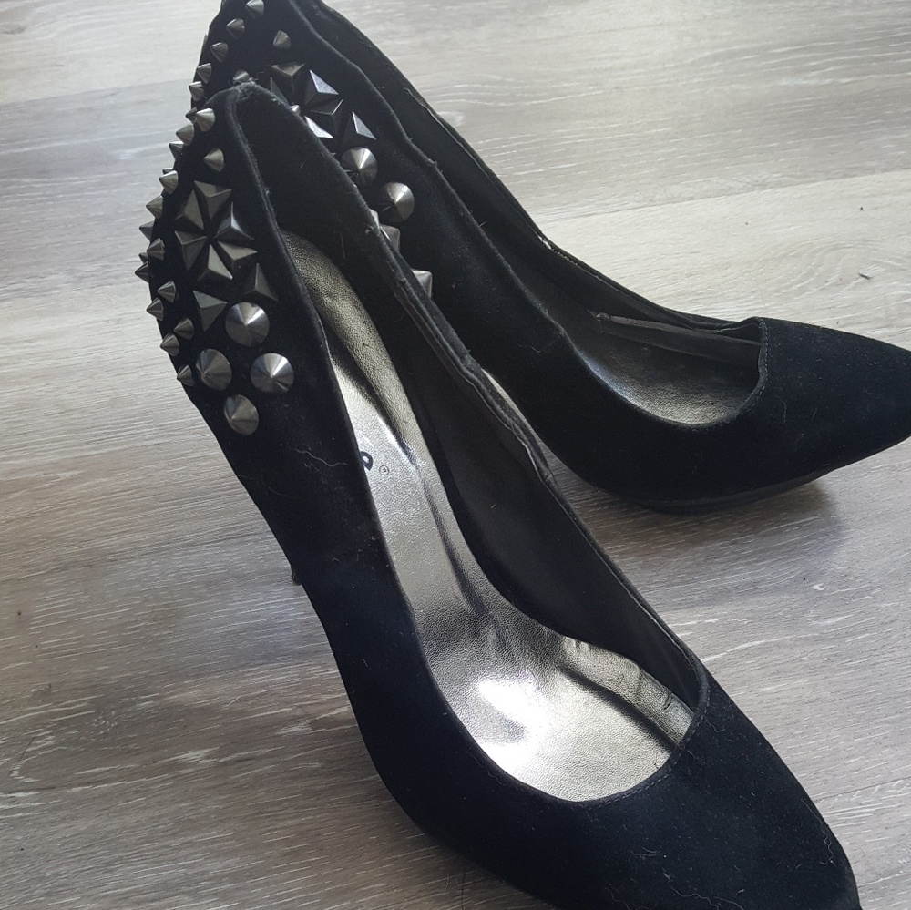Dollhouse Black Suede Studded Heels